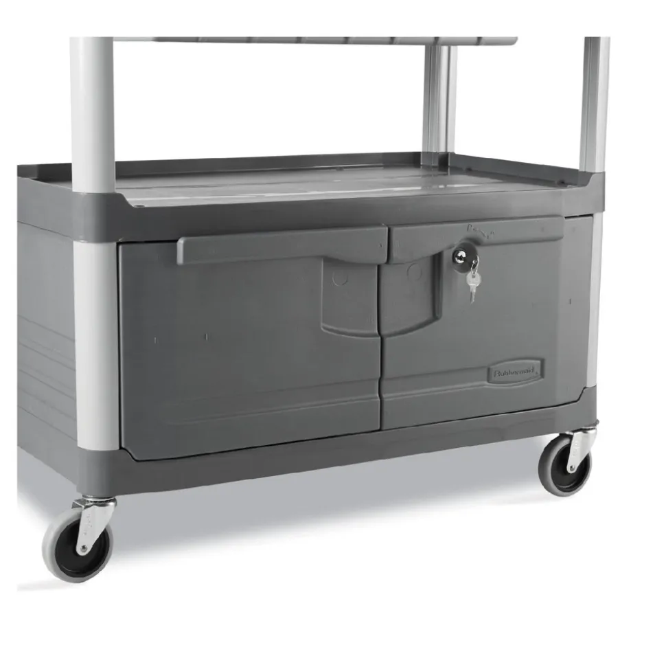 Rubbermaid Commercial 40.63 in. x 20 in. x 37.81 in. 300 lbs. Capacity 3 Shelves Plastic Xtra Instrument Cart with Locking Storage Area - Gray
