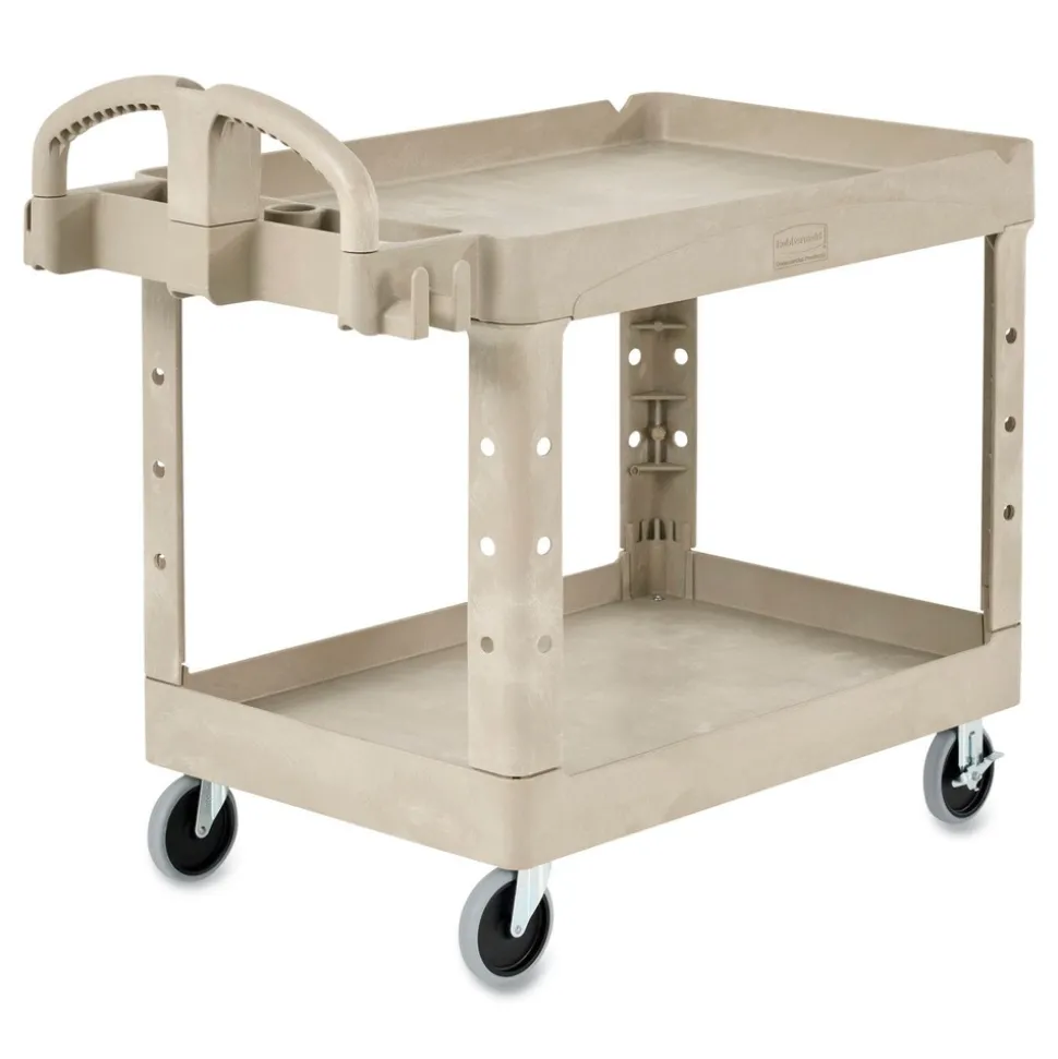 Rubbermaid Commercial 17.13 in. x 38.5 in. x 38.88 in. 500 lbs. Capacity 2 Shelves Plastic Heavy-Duty Utility Cart with Lipped Shelves - Beige