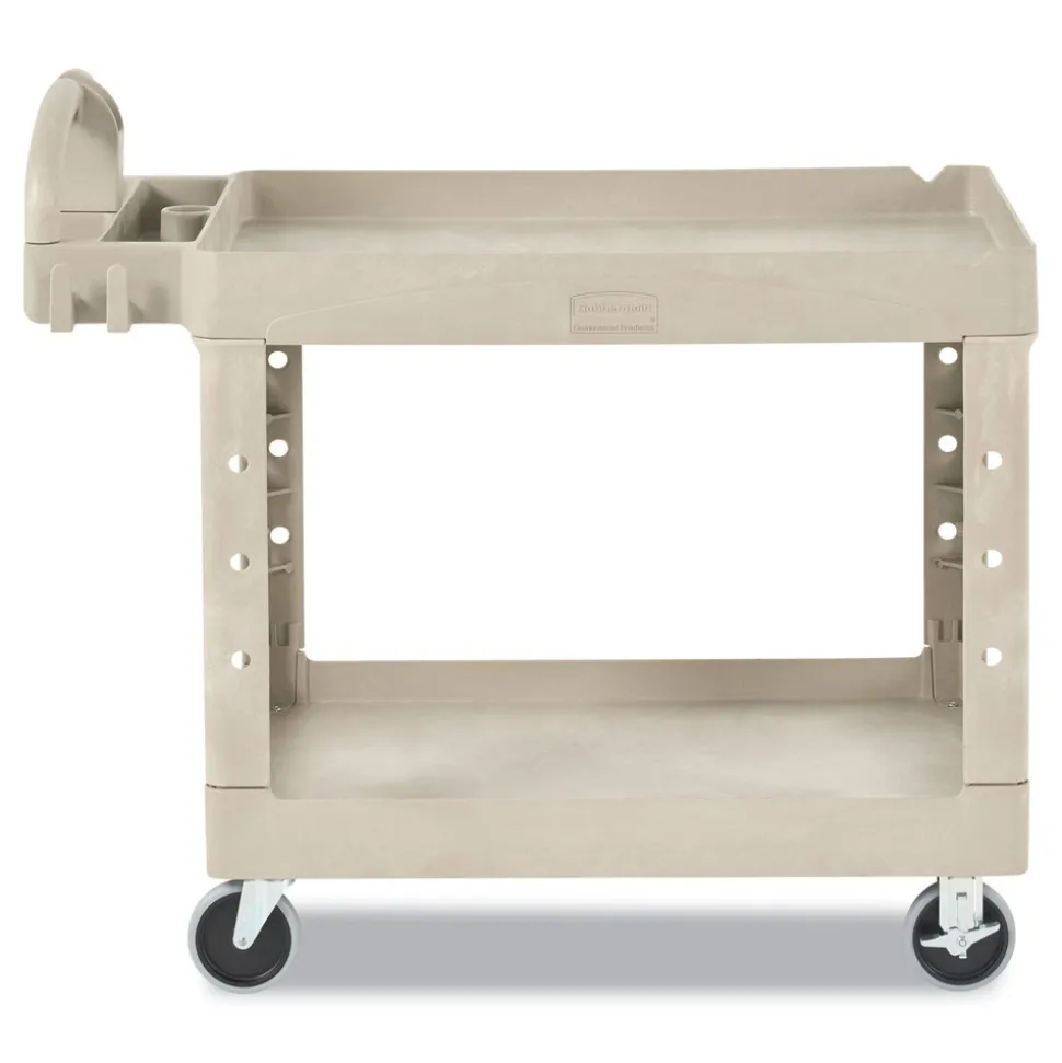 Rubbermaid Commercial 17.13 in. x 38.5 in. x 38.88 in. 500 lbs. Capacity 2 Shelves Plastic Heavy-Duty Utility Cart with Lipped Shelves - Beige