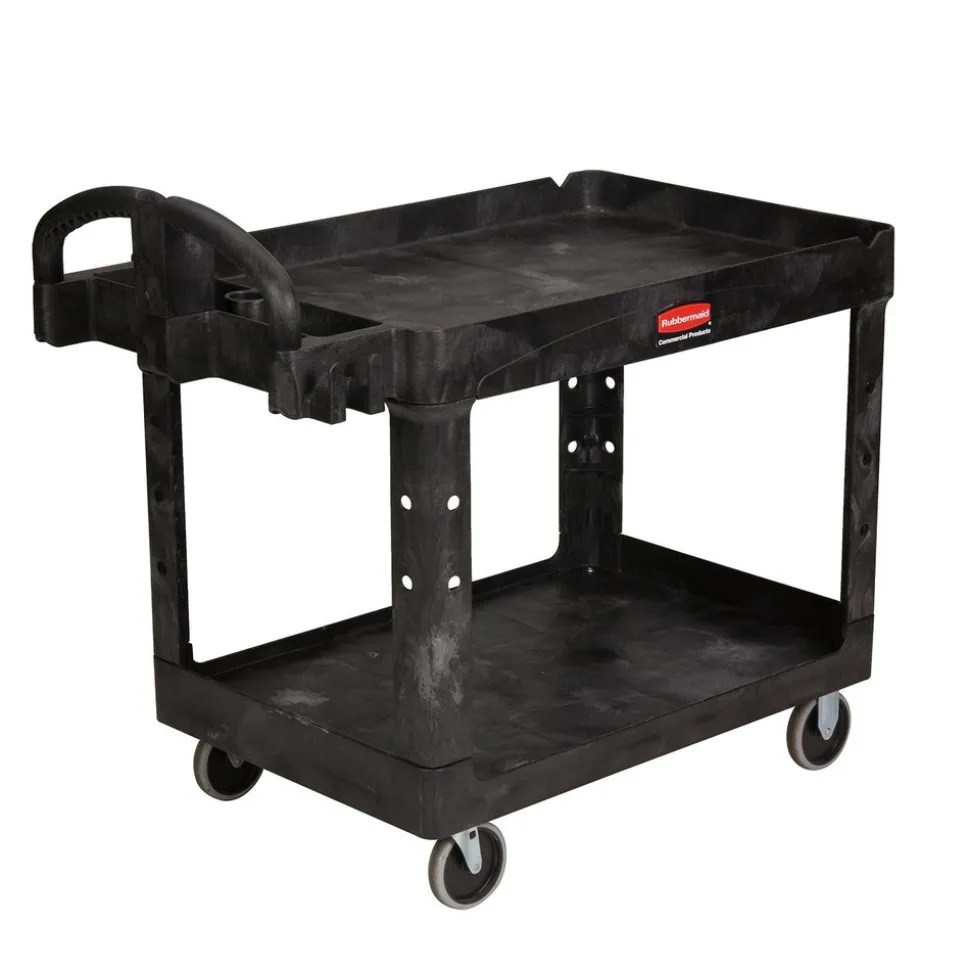 Rubbermaid Commercial 25.9 in. x 45.2 in. x 32.2 in. 500 lbs. Capacity 2 Lipped Shelves Heavy-Duty Plastic Utility Cart - Black