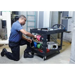 Rubbermaid Commercial 25.9 in. x 45.2 in. x 32.2 in. 500 lbs. Capacity 2 Lipped Shelves Heavy-Duty Plastic Utility Cart - Black