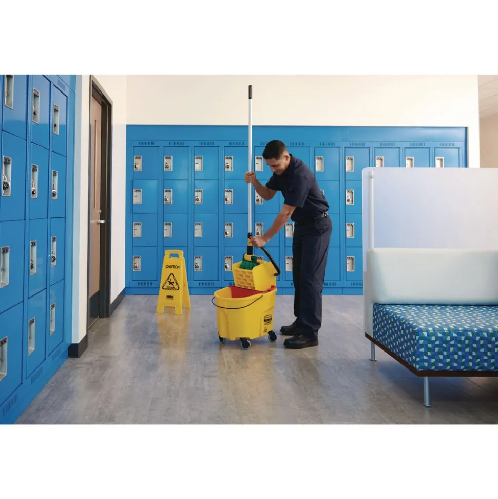 Rubbermaid Commercial 11 in. x 12 in. x 25 in. Caution Wet Floor Sign - Bright Yellow (6/Carton)