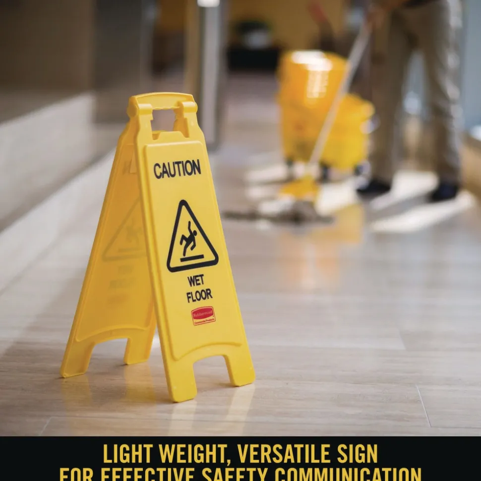 Rubbermaid Commercial 11 in. x 12 in. x 25 in. Caution Wet Floor Sign - Bright Yellow (6/Carton)