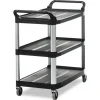 Rubbermaid Commercial 40.63 in. x 20 in. x 37.81 in. 300 lbs. Capacity 3 Shelves Plastic Xtra Utility Cart with Open Sides - Black