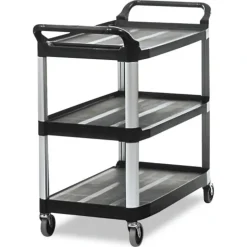 Rubbermaid Commercial 40.63 in. x 20 in. x 37.81 in. 300 lbs. Capacity 3 Shelves Plastic Xtra Utility Cart with Open Sides - Black