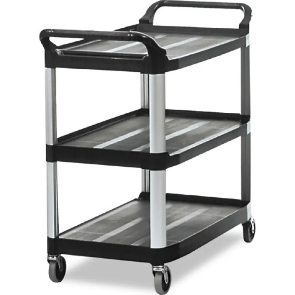 Rubbermaid Commercial 40.63 in. x 20 in. x 37.81 in. 300 lbs. Capacity 3 Shelves Plastic Xtra Utility Cart with Open Sides - Black