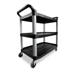 Rubbermaid Commercial 40.63 in. x 20 in. x 37.81 in. 300 lbs. Capacity 3 Shelves Plastic Xtra Utility Cart with Open Sides - Black