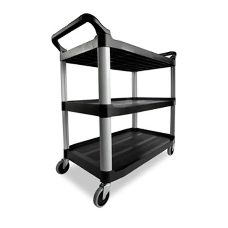 Rubbermaid Commercial 40.63 in. x 20 in. x 37.81 in. 300 lbs. Capacity 3 Shelves Plastic Xtra Utility Cart with Open Sides - Black