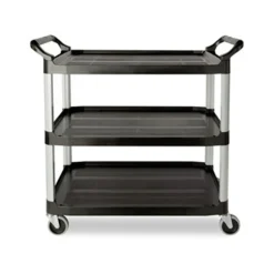 Rubbermaid Commercial 40.63 in. x 20 in. x 37.81 in. 300 lbs. Capacity 3 Shelves Plastic Xtra Utility Cart with Open Sides - Black