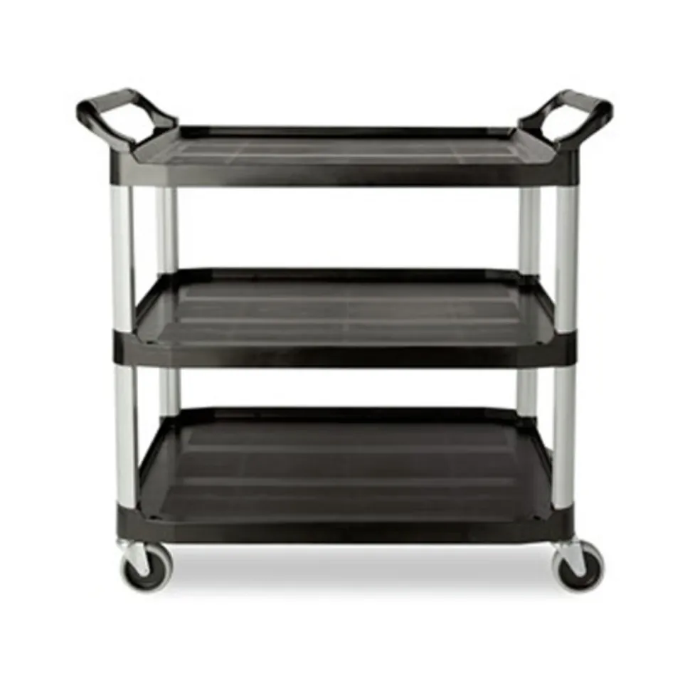 Rubbermaid Commercial 40.63 in. x 20 in. x 37.81 in. 300 lbs. Capacity 3 Shelves Plastic Xtra Utility Cart with Open Sides - Black