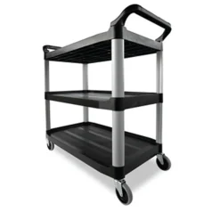 Rubbermaid Commercial 40.63 in. x 20 in. x 37.81 in. 300 lbs. Capacity 3 Shelves Plastic Xtra Utility Cart with Open Sides - Black