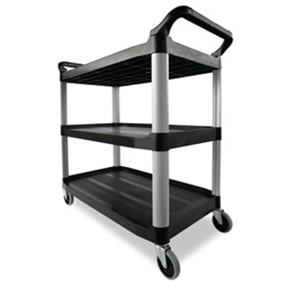 Rubbermaid Commercial 40.63 in. x 20 in. x 37.81 in. 300 lbs. Capacity 3 Shelves Plastic Xtra Utility Cart with Open Sides - Black