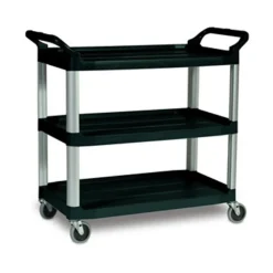 Rubbermaid Commercial 40.63 in. x 20 in. x 37.81 in. 300 lbs. Capacity 3 Shelves Plastic Xtra Utility Cart with Open Sides - Black