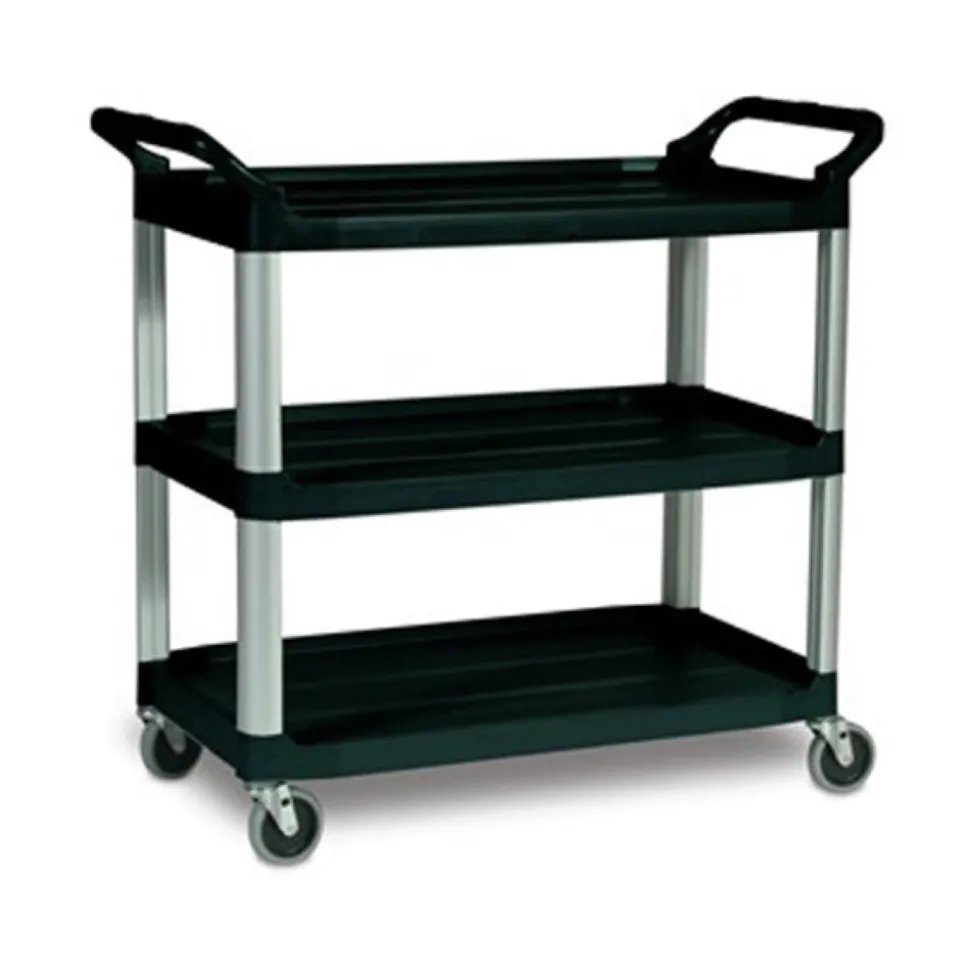 Rubbermaid Commercial 40.63 in. x 20 in. x 37.81 in. 300 lbs. Capacity 3 Shelves Plastic Xtra Utility Cart with Open Sides - Black
