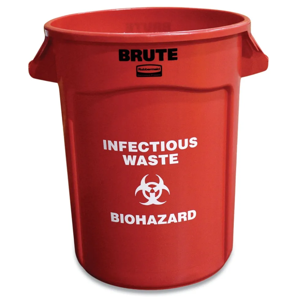 Rubbermaid Commercial Brute 32 gal (Infectious Waste: Biohazard) Imprint Plastic Vented Container - Round Red
