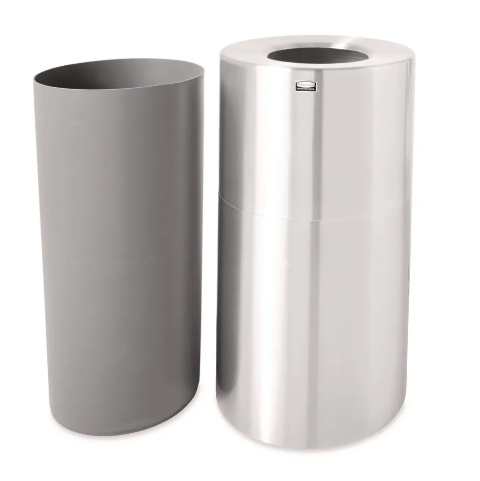 Rubbermaid Commercial 35-Gallon Open Top Round Indoor Receptacle with Liner - Satin Aluminum