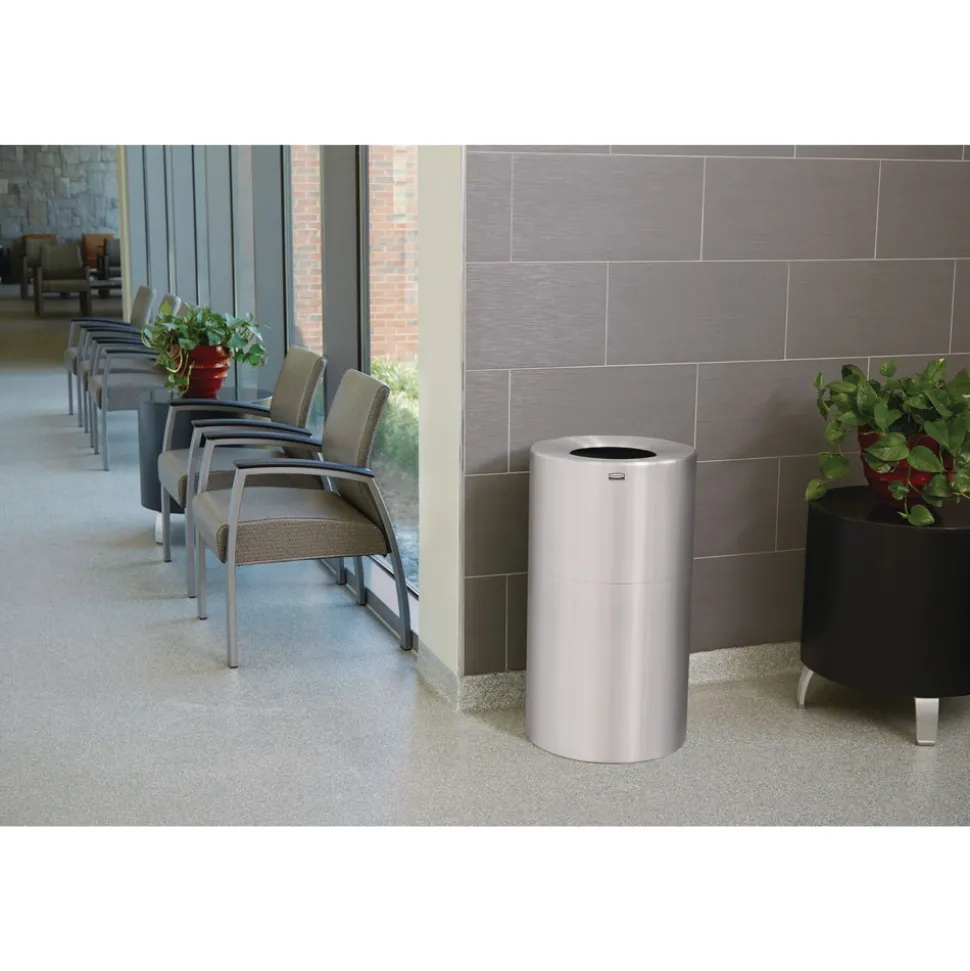 Rubbermaid Commercial 35-Gallon Open Top Round Indoor Receptacle with Liner - Satin Aluminum