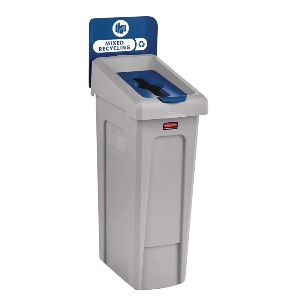 Rubbermaid Commercial Slim Jim Recycling Station Kit 1-Stream Mixed Recycling 23 gal Plastic Gray/Blue