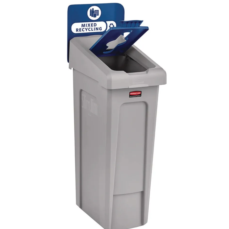 Rubbermaid Commercial Slim Jim Recycling Station Kit 1-Stream Mixed Recycling 23 gal Plastic Gray/Blue