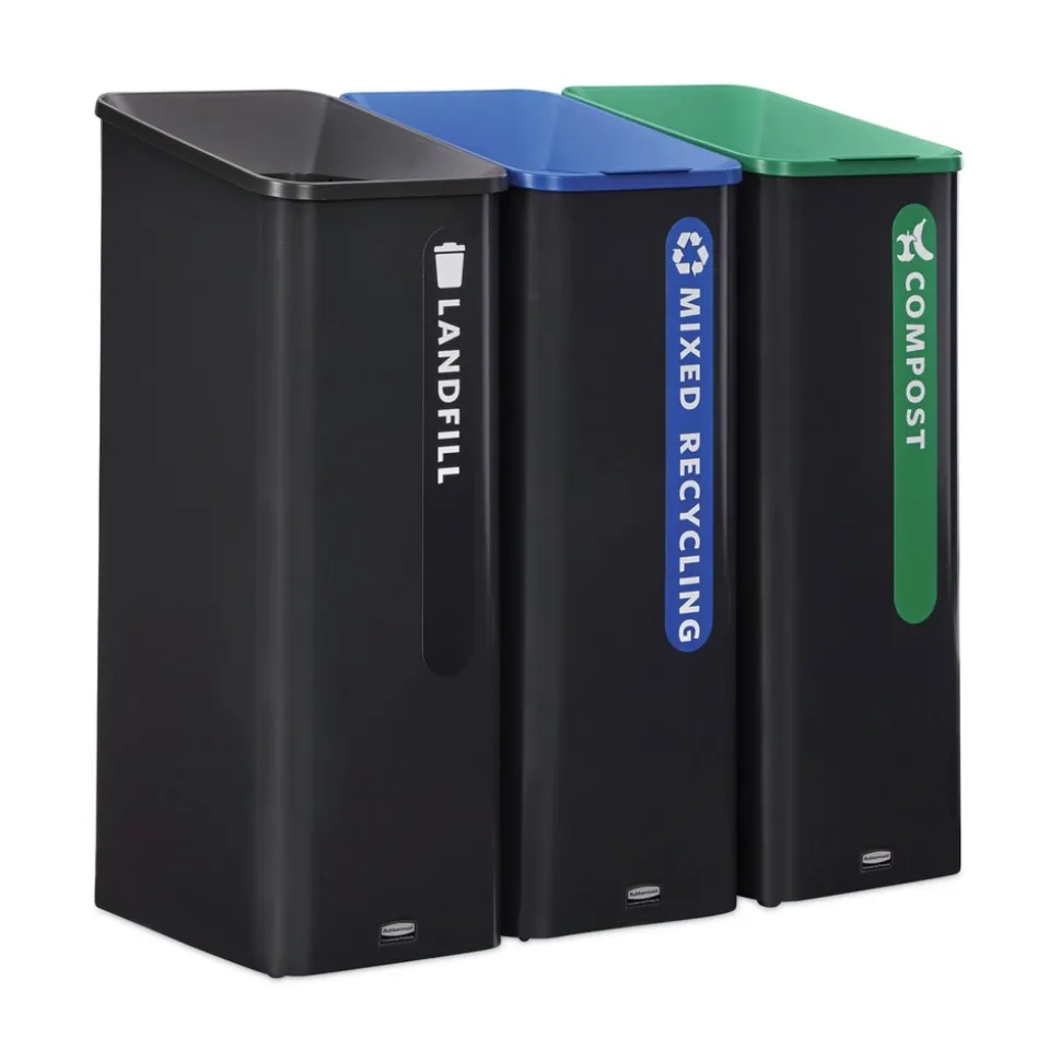 Rubbermaid Commercial Sustain 15 gal Metal/Plastic Decorative Refuse with Recycling Lid - Black/Blue