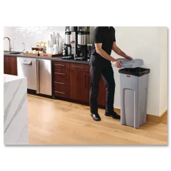 Rubbermaid Commercial Universal Square Trash Can with Swing Lid 23 gal Plastic Gray