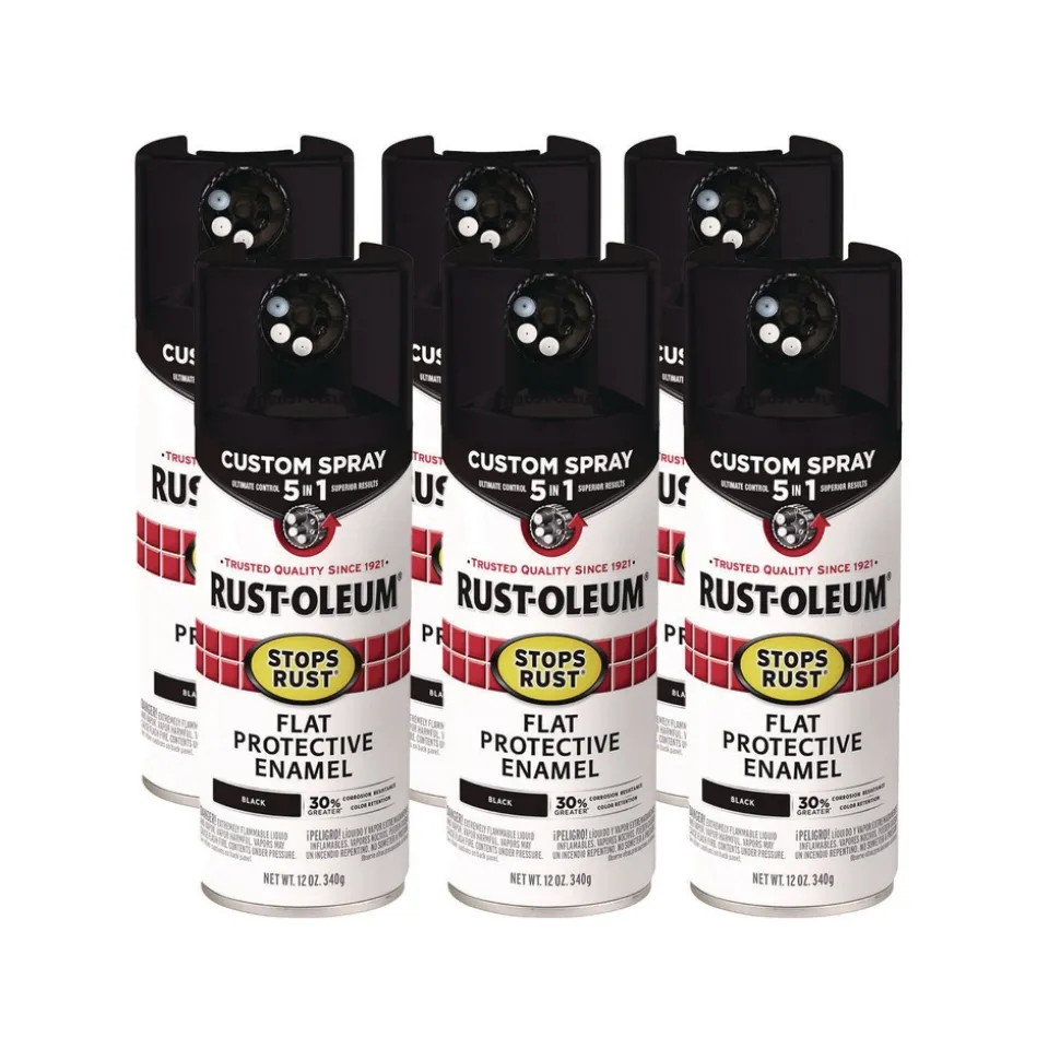 Rust-Oleum Stops Rust 5-in-1 Spray Paint, Flat Black, 12 oz Aerosol Can, 6/Carton