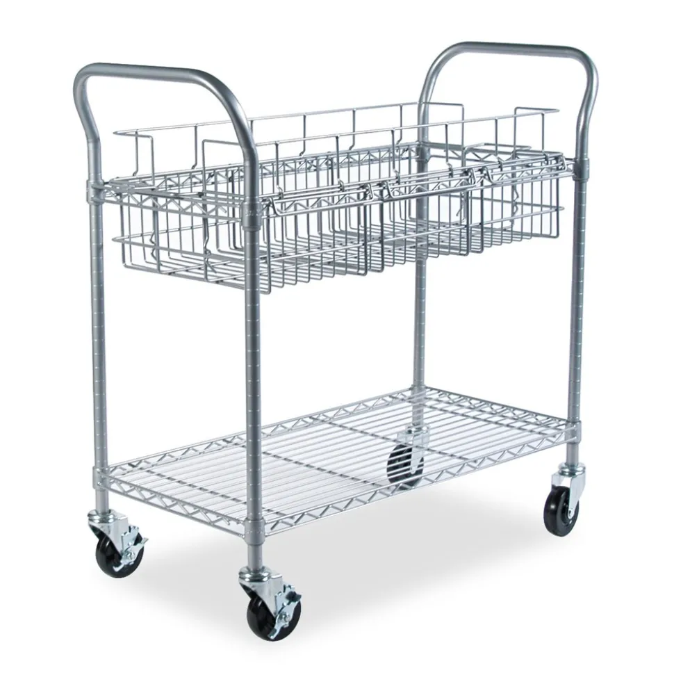 Safco 39 in. x 18.75 in. x 38.5 in. 1 Shelf 1 Bin Dual-Purpose Metal Wire Mail and Filing Cart - Metallic Gray