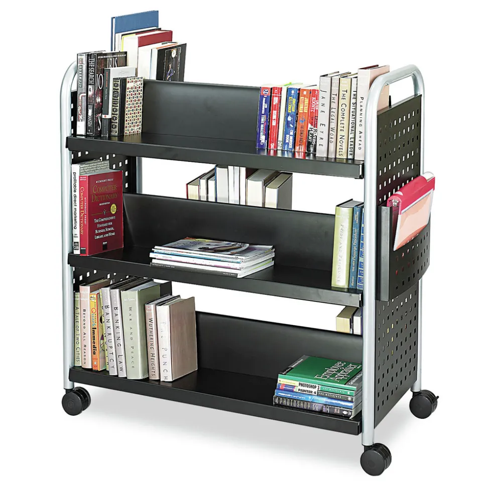 Safco 41.25 in. x 17.75 in. x 41.25 in. 6 Shelves 1 Bin Scoot Double-Sided Metal Book Cart - Black
