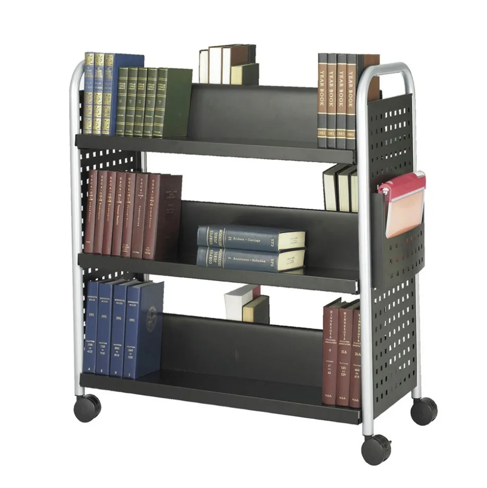 Safco 41.25 in. x 17.75 in. x 41.25 in. 6 Shelves 1 Bin Scoot Double-Sided Metal Book Cart - Black