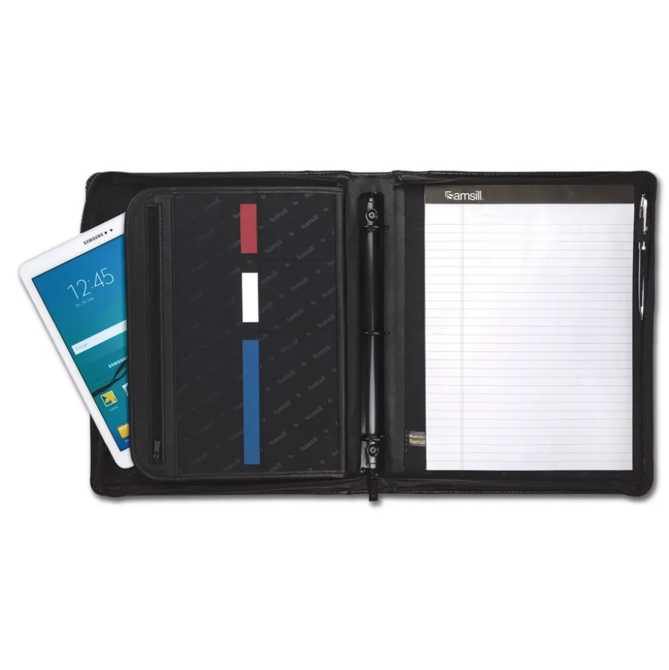 Samsill 11 in. x 13 1/2 in. 2-Part 1 in. Cap Leather Multi-Ring Zippered Portfolio - Black