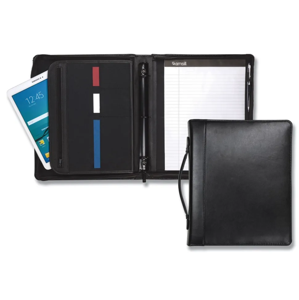Samsill 11 in. x 13 1/2 in. 2-Part 1 in. Cap Leather Multi-Ring Zippered Portfolio - Black