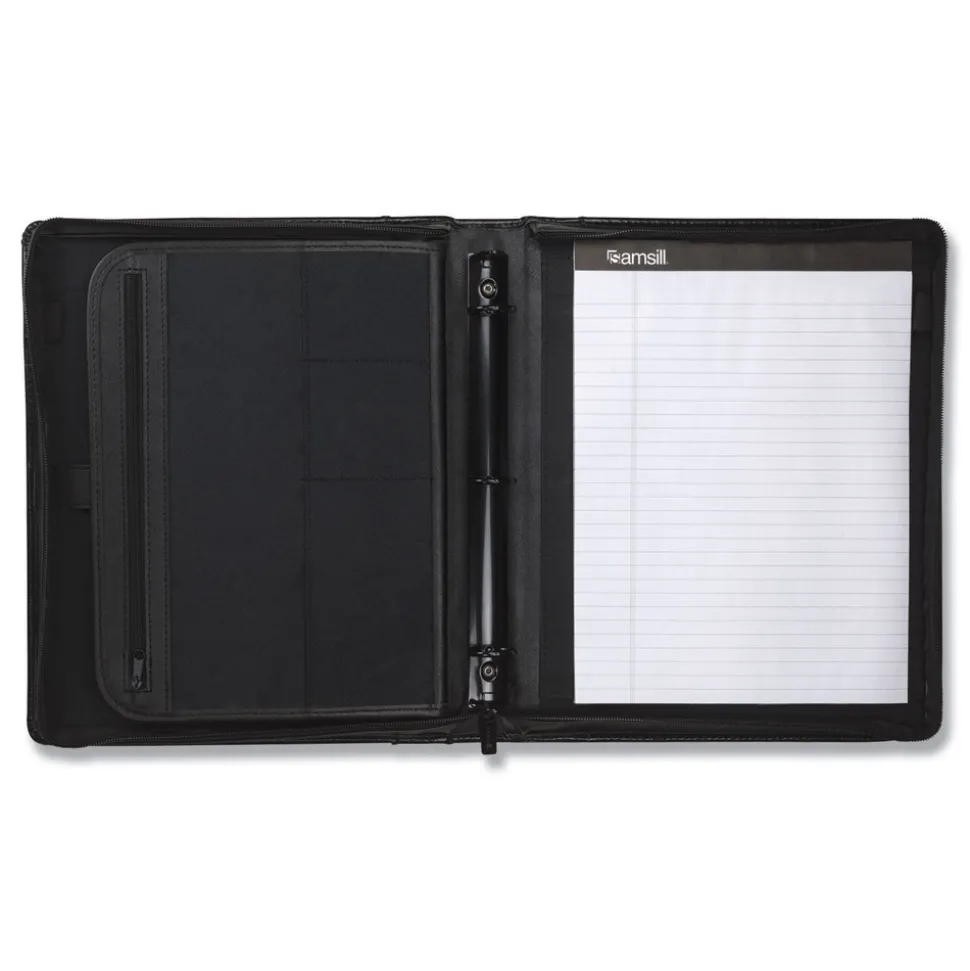 Samsill 11 in. x 13 1/2 in. 2-Part 1 in. Cap Leather Multi-Ring Zippered Portfolio - Black