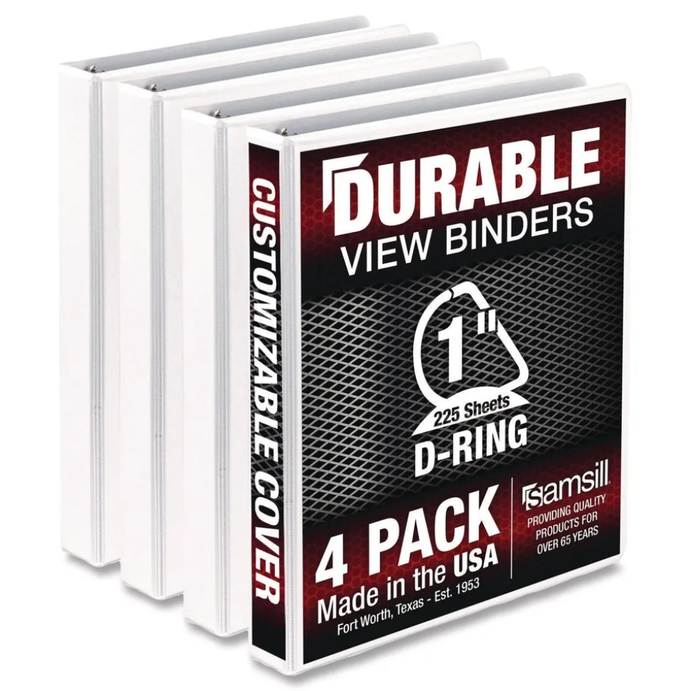 Samsill 11.5 in. x 8.5 in. 1 in. Capacity 3 Rings Durable D-Ring View Binders - White (4/Pack)