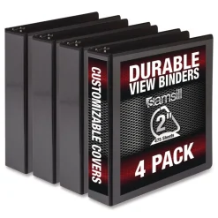 Samsill 11.5 in. x 8.5 in. 2 in. Capacity 3 Rings Durable D-Ring View Binders - Black (4/Pack)