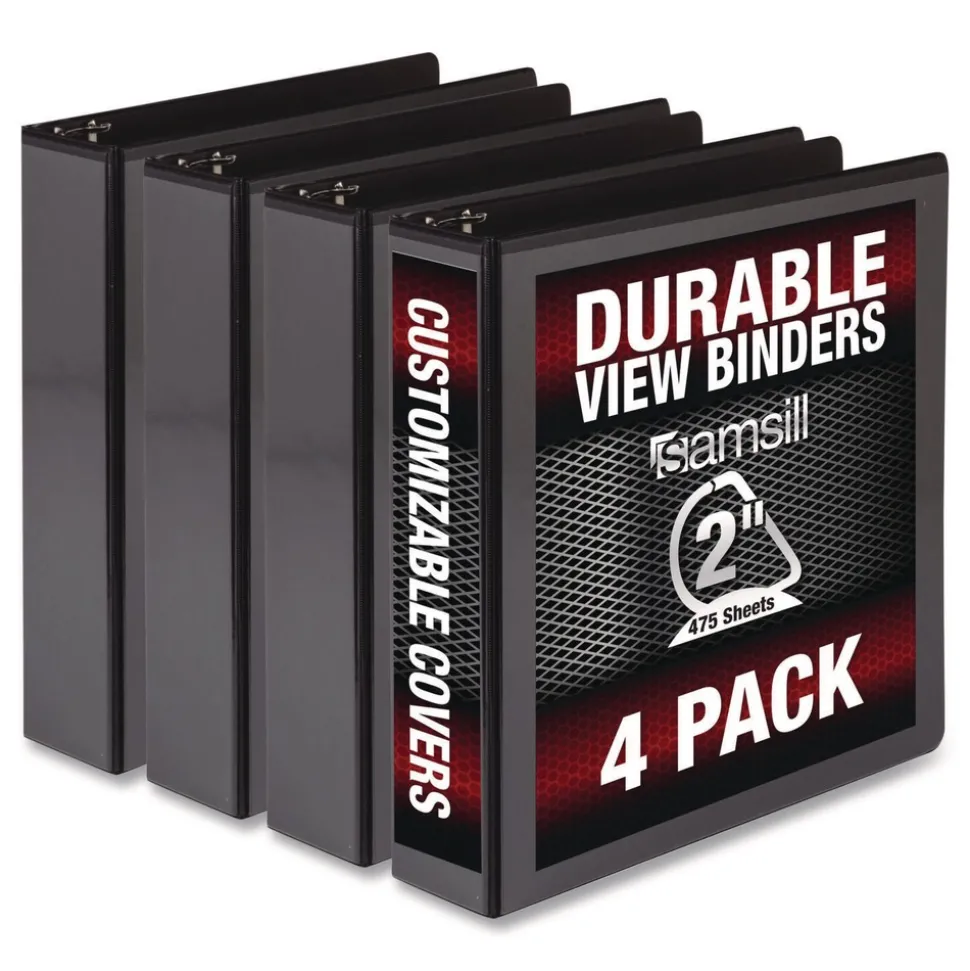 Samsill 11.5 in. x 8.5 in. 2 in. Capacity 3 Rings Durable D-Ring View Binders - Black (4/Pack)