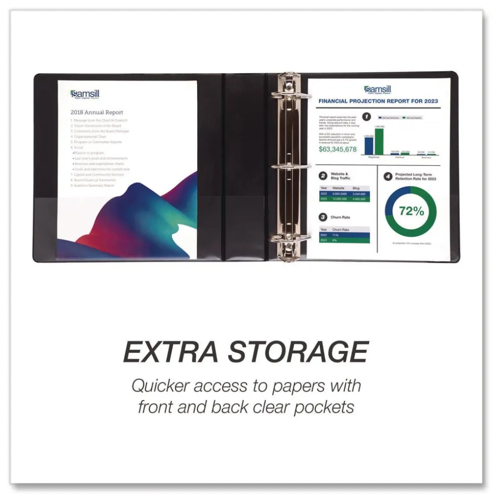 Samsill 11.5 in. x 8.5 in. 2 in. Capacity 3 Rings Durable D-Ring View Binders - Black (4/Pack)