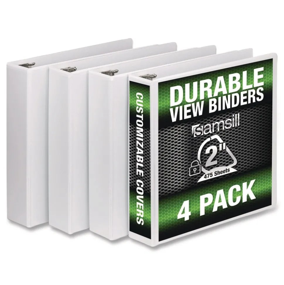 Samsill 11.5 in. x 8.5 in. 2 in. Capacity 3 Rings Durable D-Ring View Binders - White (4/Pack)