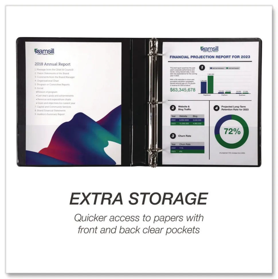 Samsill 11.5 in. x 8.5 in. 3 Rings 1 in. Capacity Durable D-Ring View Binders - Black (4/Pack)