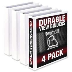 Samsill 11.5 in. x 8.5 in. 3 Rings 1.5 in. Capacity Durable D-Ring View Binders - White (4/Pack)