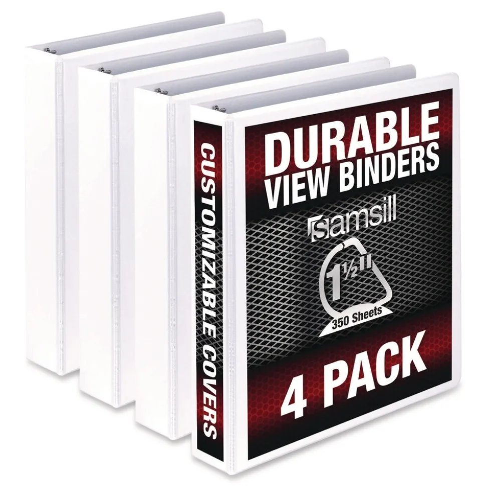 Samsill 11.5 in. x 8.5 in. 3 Rings 1.5 in. Capacity Durable D-Ring View Binders - White (4/Pack)