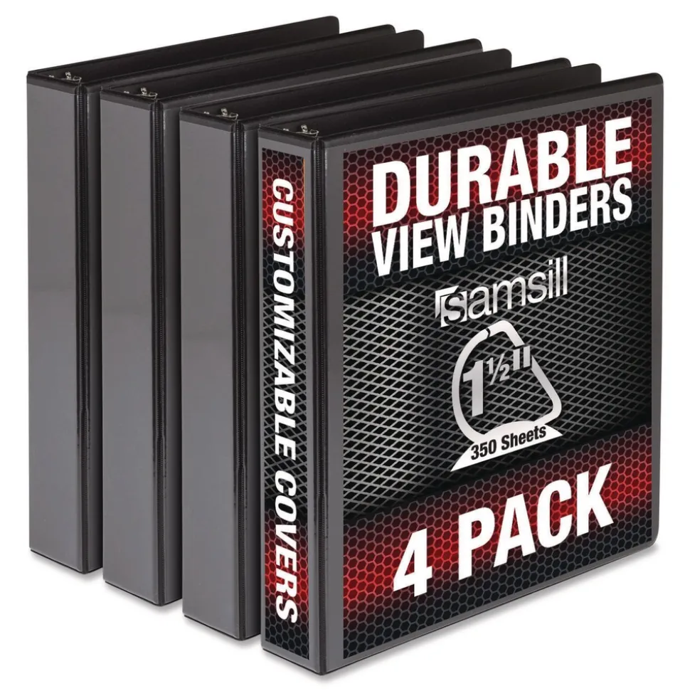 Samsill 11.5 in. x 8.5 in. 3 Rings 1.5 in. Capacity Durable D-Ring View Binders - Black (4/Pack)