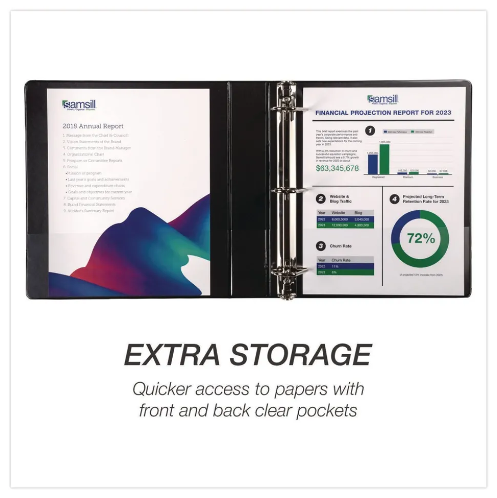 Samsill 11.5 in. x 8.5 in. 3 Rings 1.5 in. Capacity Durable D-Ring View Binders - Black (4/Pack)