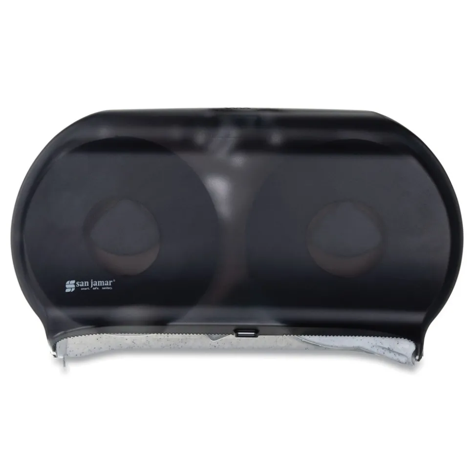San Jamar 9 in. Roll 19 in. x 5.25 in. x 12 in. Twin Jumbo Classic Tissue Dispenser - Transparent Black Pearl