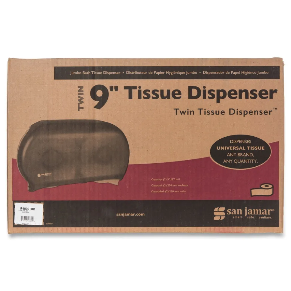 San Jamar 9 in. Roll 19 in. x 5.25 in. x 12 in. Twin Jumbo Classic Tissue Dispenser - Transparent Black Pearl