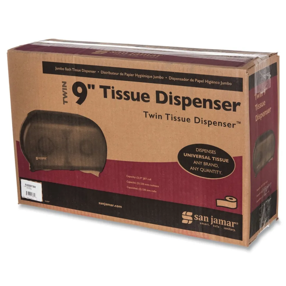 San Jamar 9 in. Roll 19 in. x 5.25 in. x 12 in. Twin Jumbo Classic Tissue Dispenser - Transparent Black Pearl