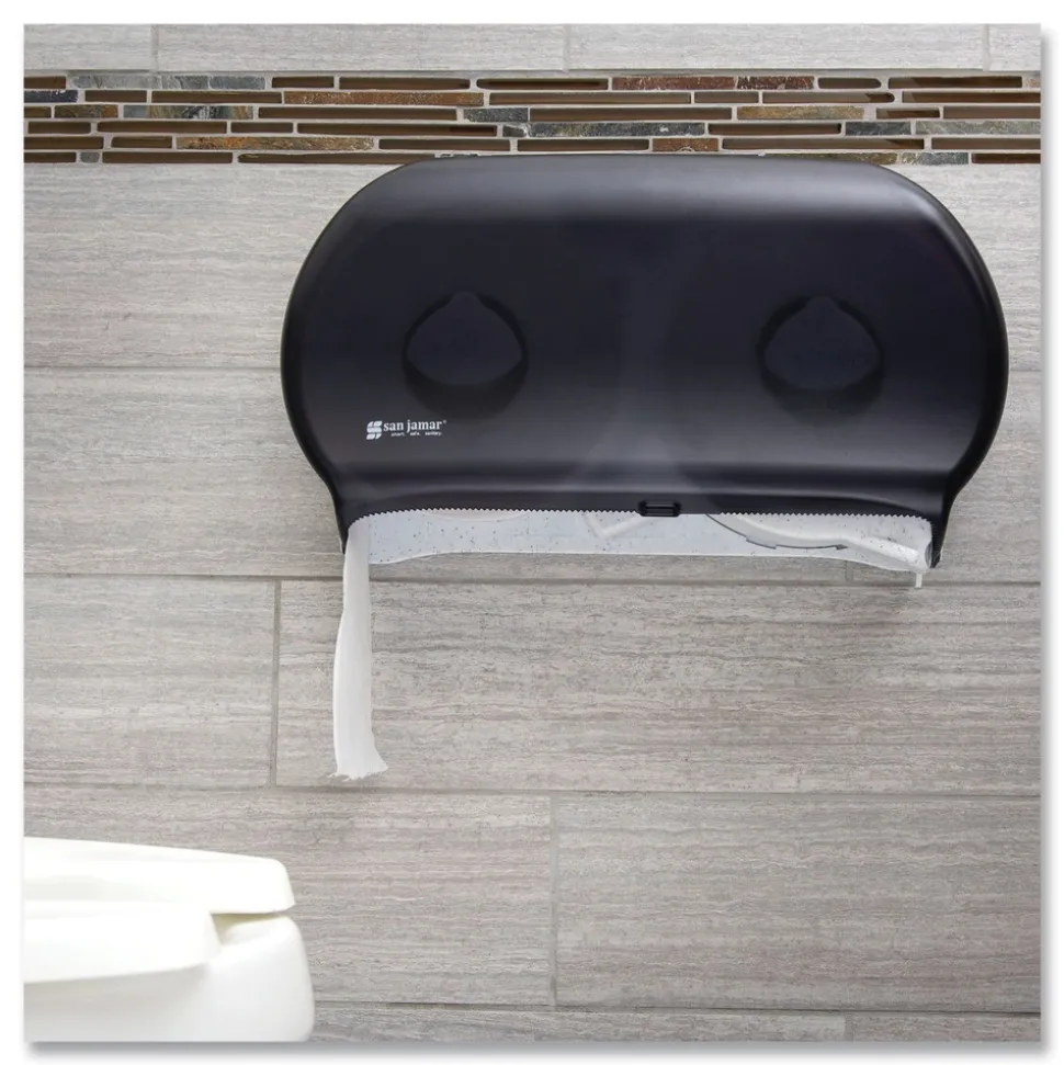 San Jamar 9 in. Roll 19 in. x 5.25 in. x 12 in. Twin Jumbo Classic Tissue Dispenser - Transparent Black Pearl