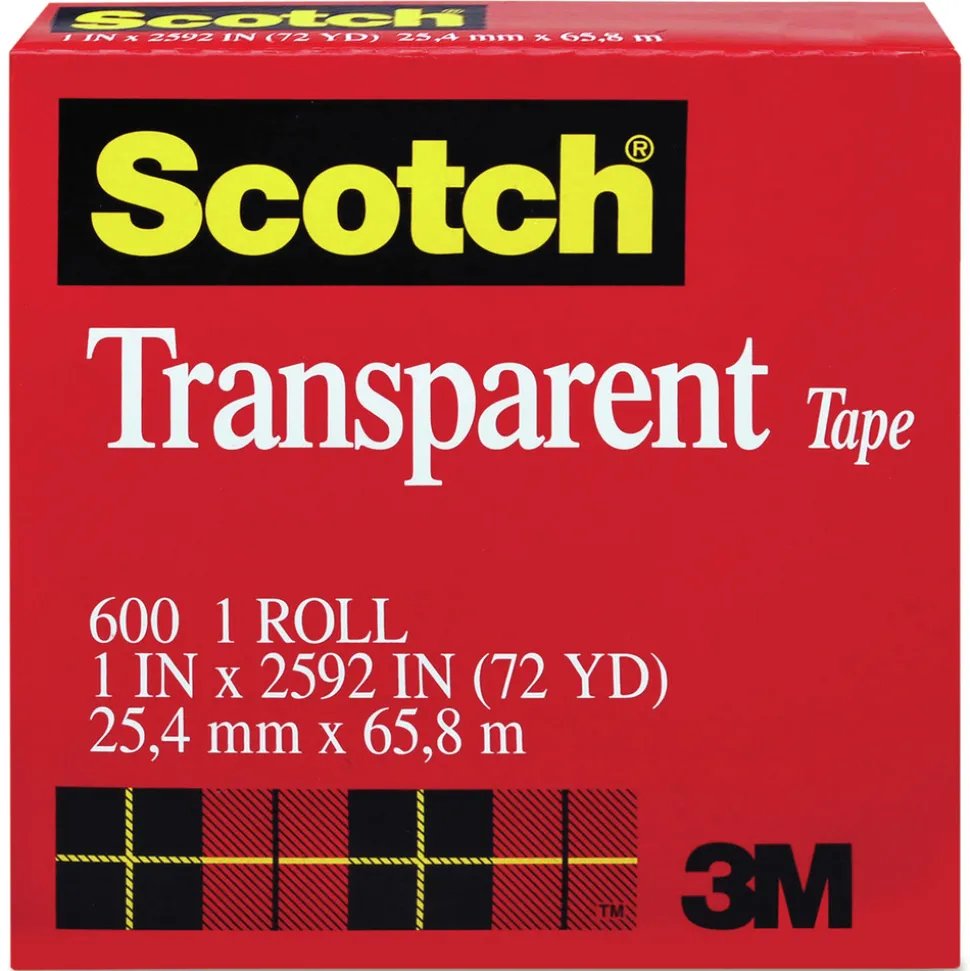 Scotch 600 1 in. x 72 yds 3 in. Core Tape - Transparent (1-Roll)