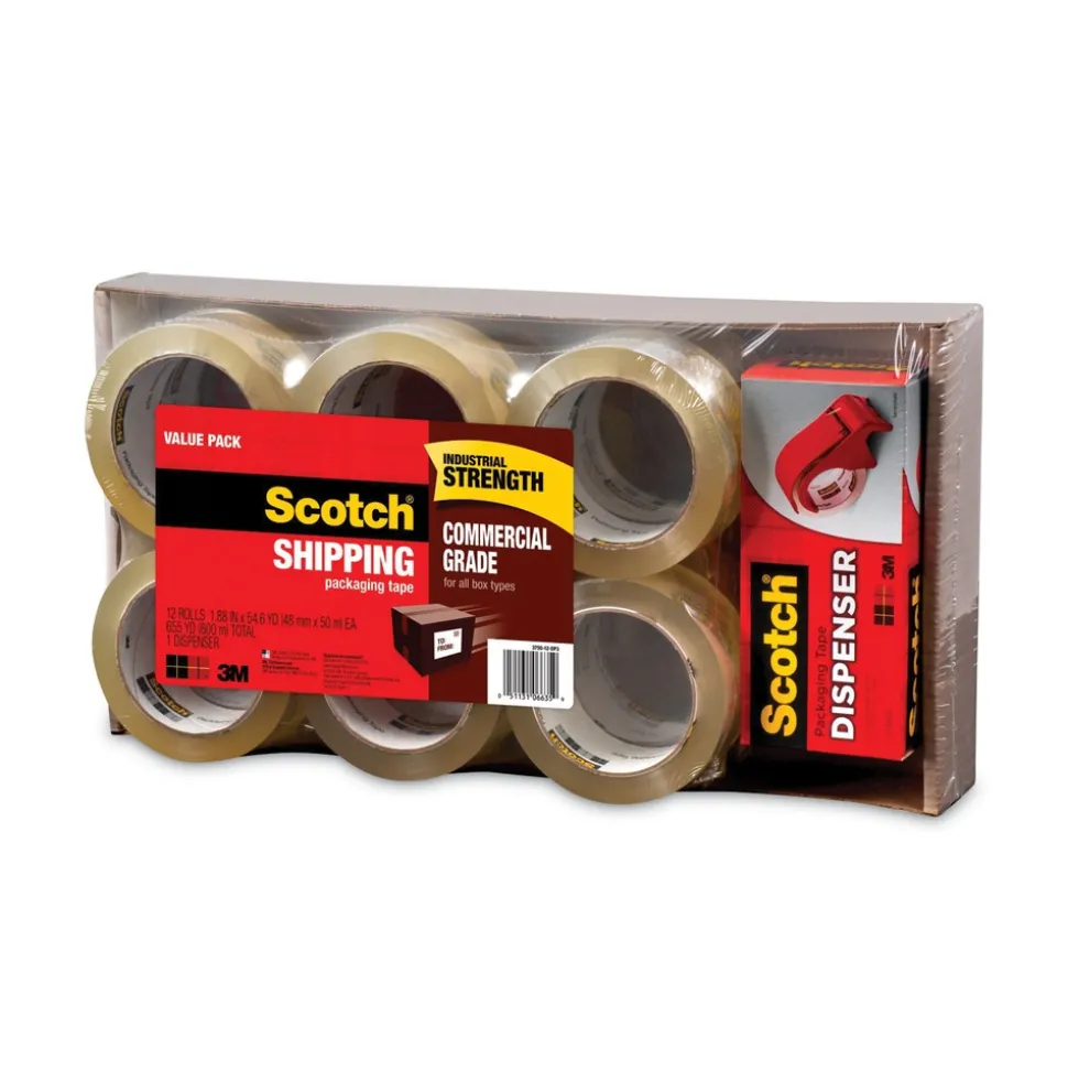 Scotch 3 in. Core, 1.88 in. x 54.6 Yards 3750 Commercial Grade Packaging Tape with DP 300 Dispenser - Clear (12/Pack)
