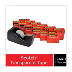 Scotch 0.75 in. x 83.33 ft. 1 in. Core Tape Value Pack with Black Dispenser - Transparent (12/Pack)