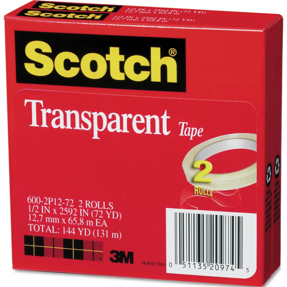 Scotch 0.5 in. x 72 yds 3 in. Core Tape - Transparent (2/Pack)